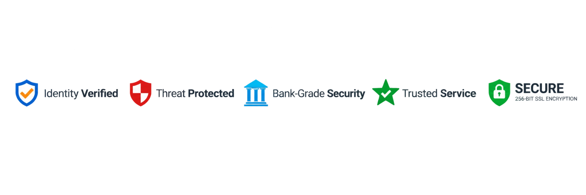 Trust marks: identity verified, threat protected, bank-grade security, trusted service, and 256-bit SSL encryption