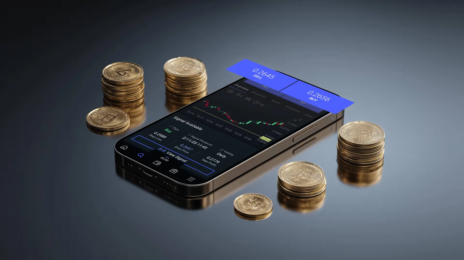 A phone showing a Bitcoin chart between stacks of coins