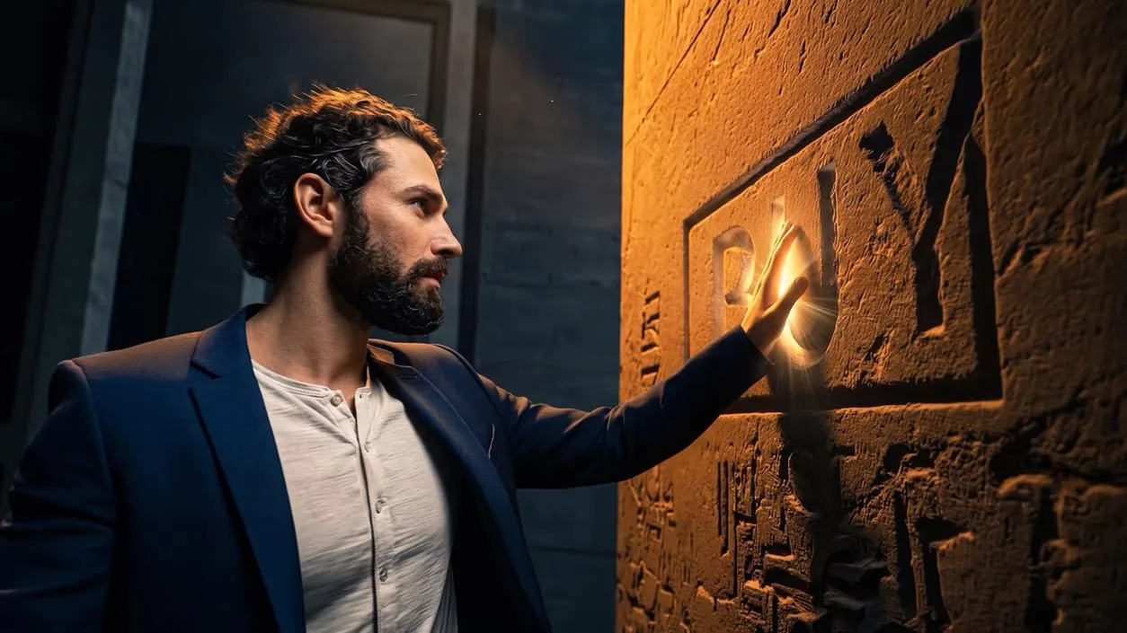 A trader touching a glowing commodity chart carved in stone