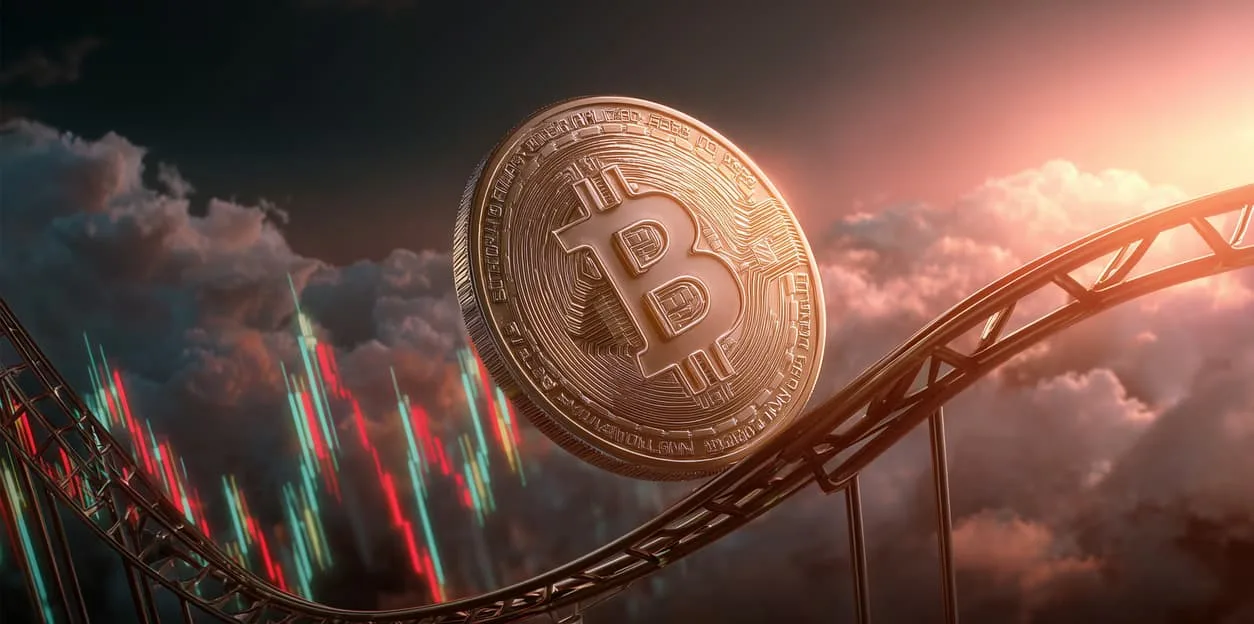 A Bitcoin coin on a rollercoaster track over a candlestick chart