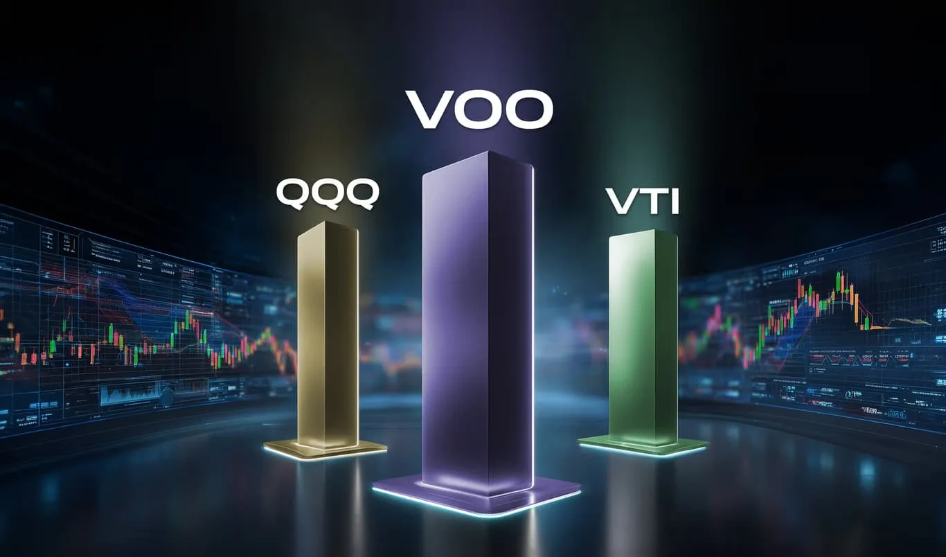 QQQ, VOO and VTI ETF columns in front of trading charts