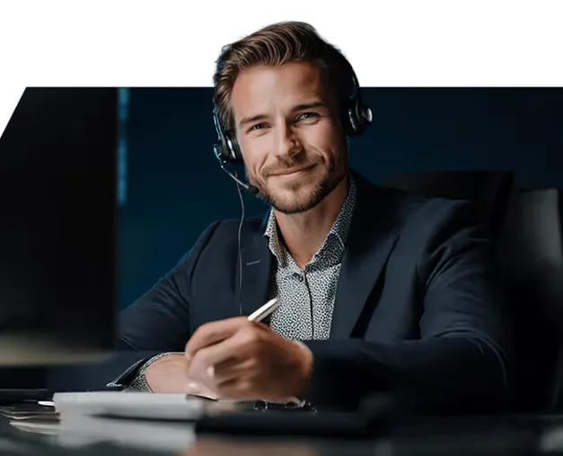 A support agent with a headset smiling at his desk