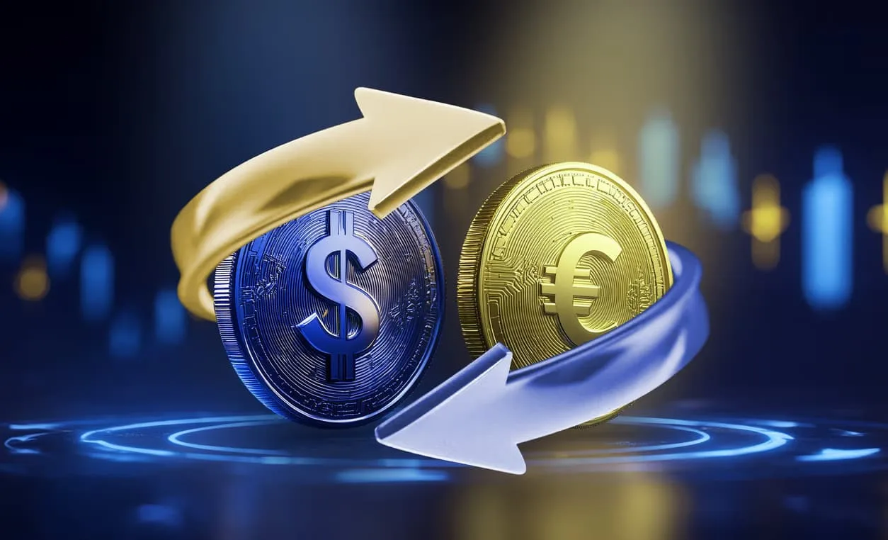 Dollar and euro coins circling each other