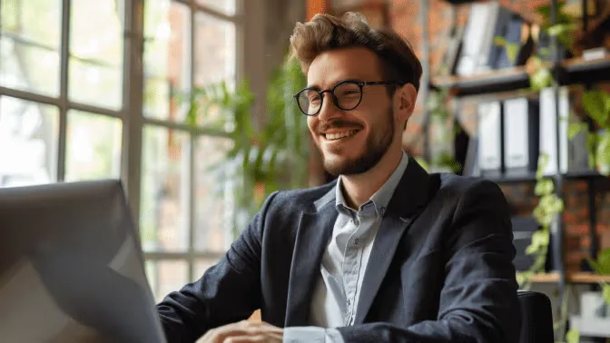 A trader smiling at his desk