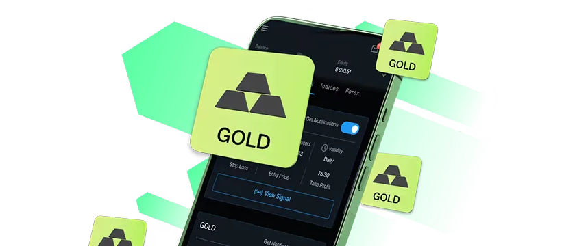 A trading app on a phone surrounded by gold tiles