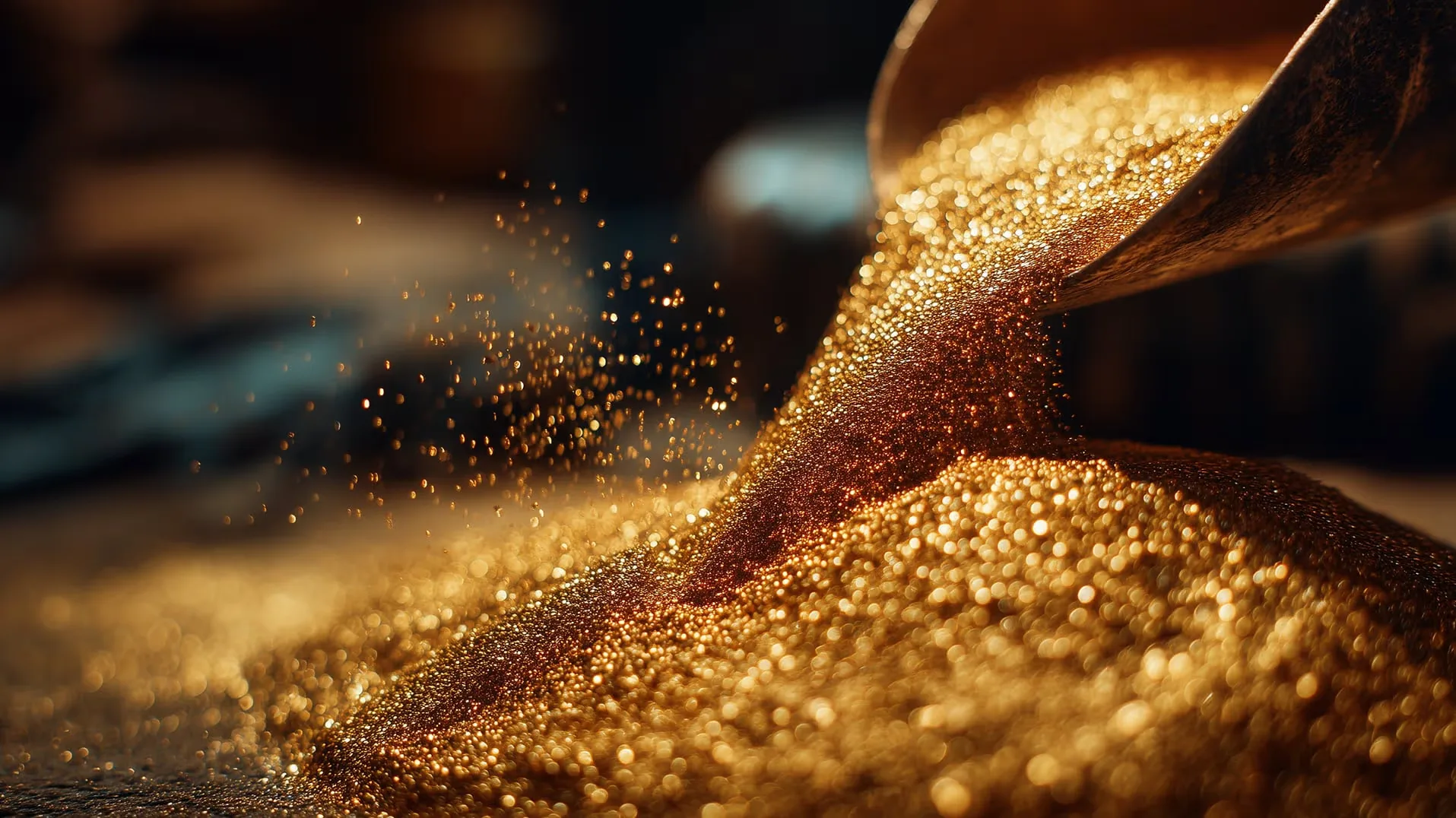 Gold dust pouring into a glittering pile