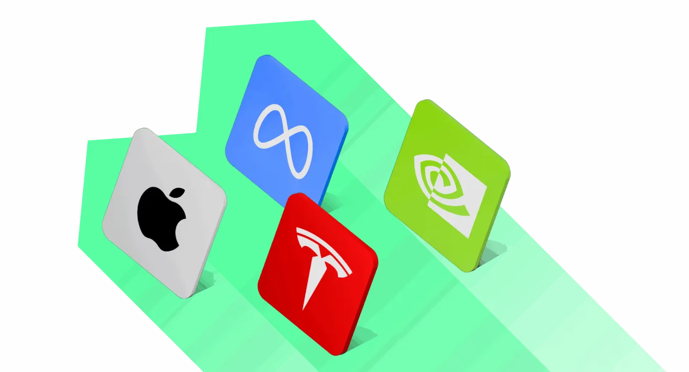 Company logo tiles for Apple, Meta, Tesla and NVIDIA on rising columns