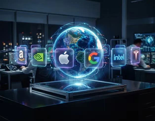 A holographic globe surrounded by company logos in a trading room