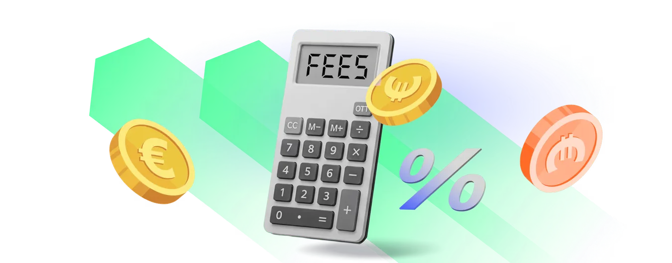 A calculator reading FEES with coins and a percent sign